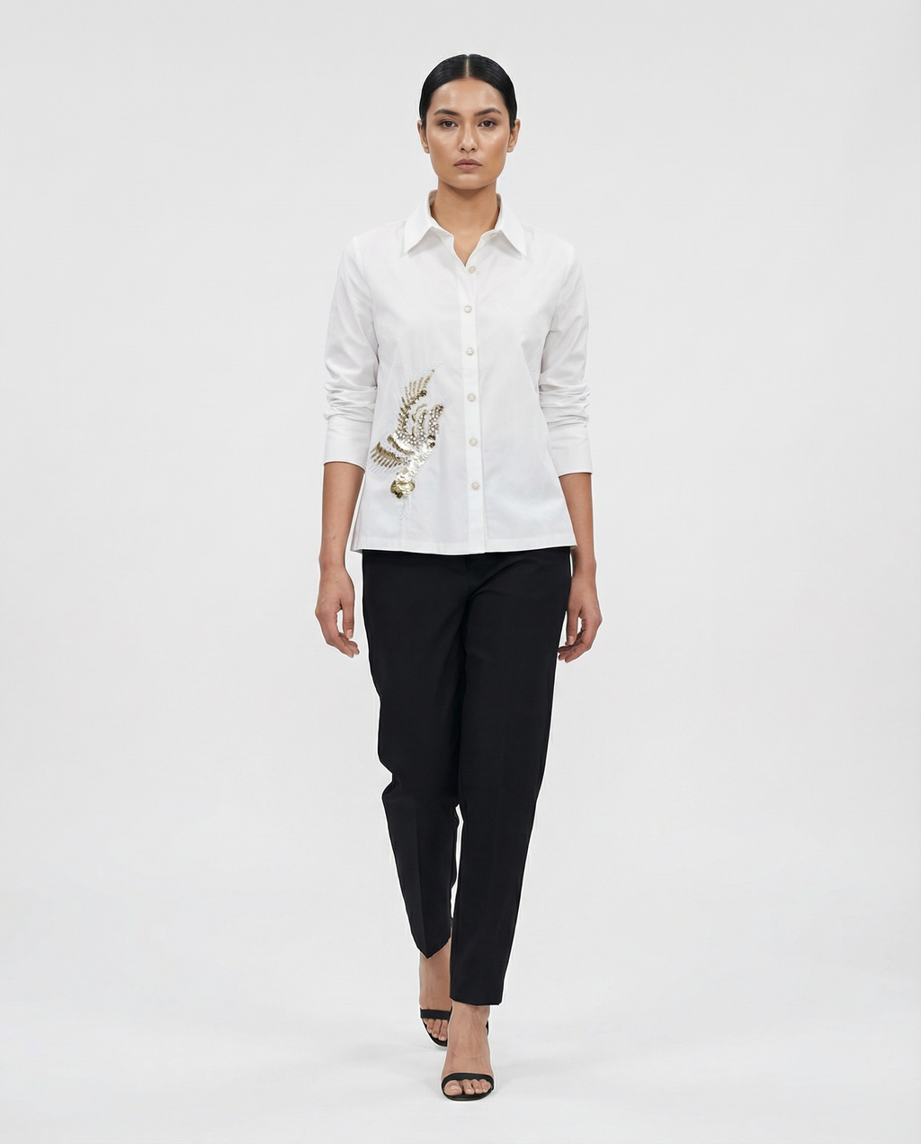 Fly High Shirt in white — cream-toned embroidery with sequin accents — House of NSJ
