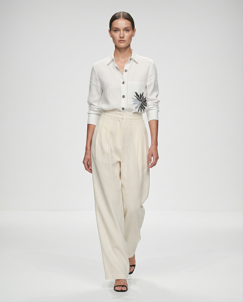Off Duty Shirt in ivory linen — sequin embroidery on pocket — House of NSJ