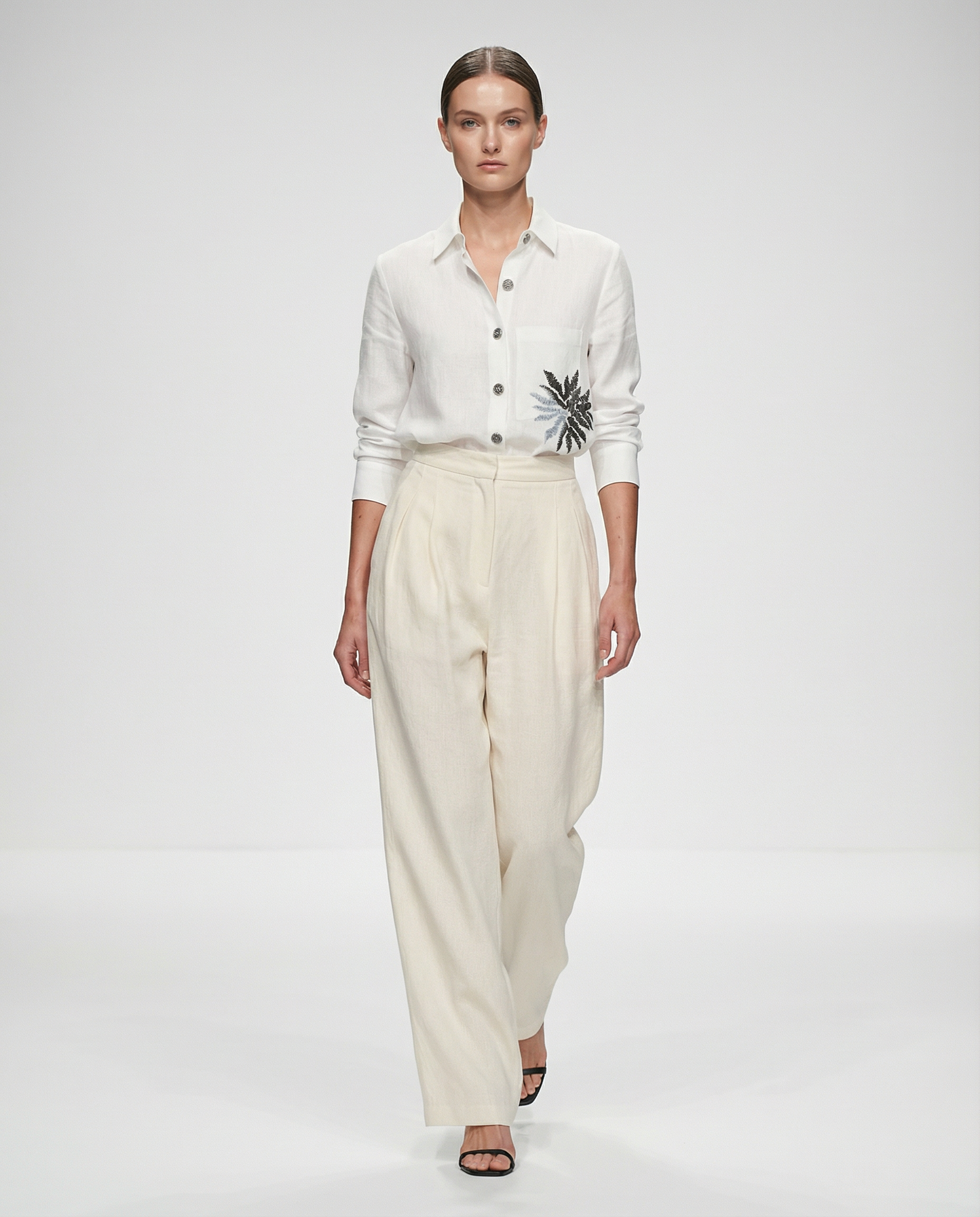 Off Duty Shirt in ivory linen — sequin embroidery on pocket — House of NSJ