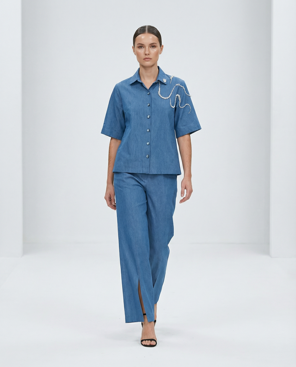 Sweet Escape Denim Co-ord — pearl embroidery on shoulder — House of NSJ