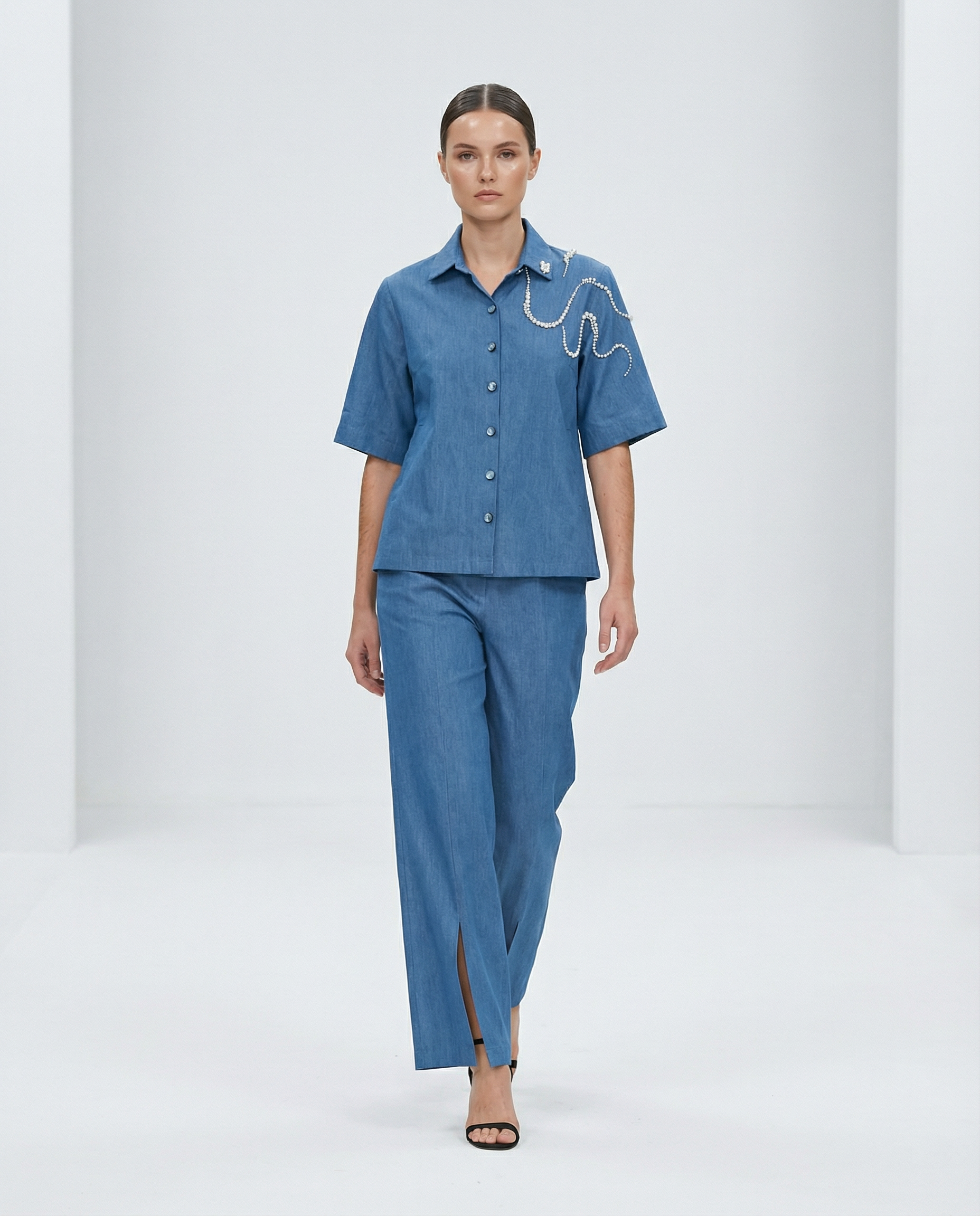 Sweet Escape Denim Co-ord — pearl embroidery on shoulder — House of NSJ