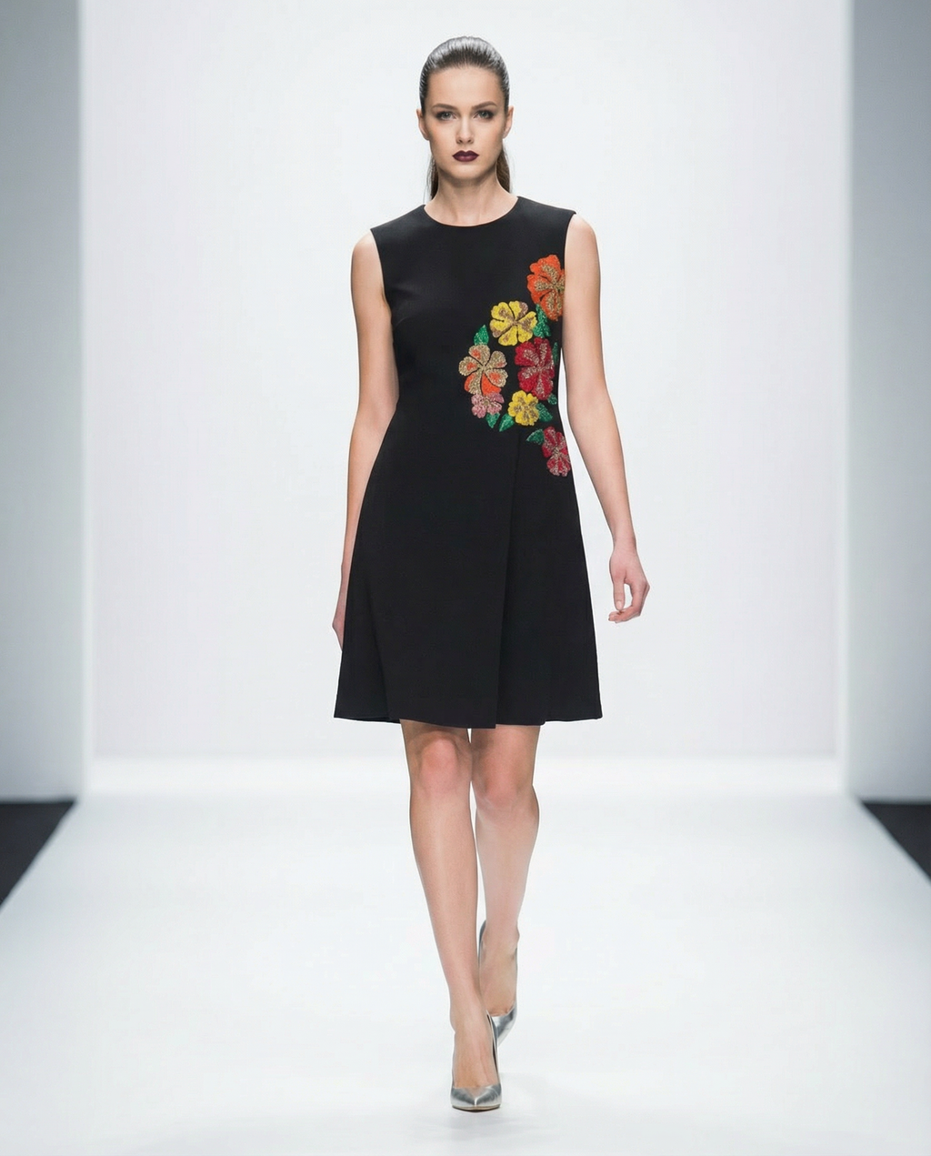 Luna Sleeveless Dress in black — hand-embroidered floral motifs — House of NSJ