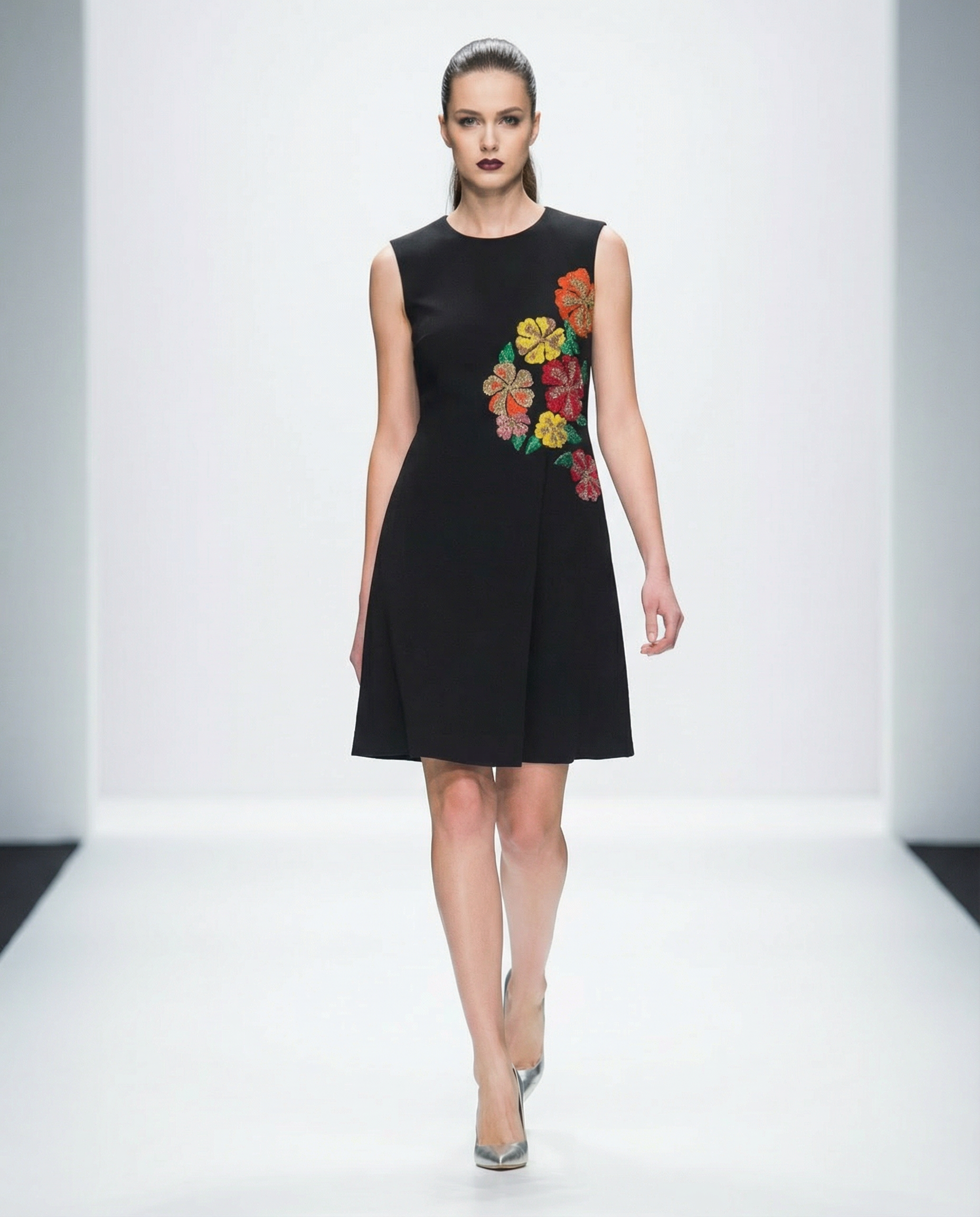 Luna Sleeveless Dress in black — hand-embroidered floral motifs — House of NSJ