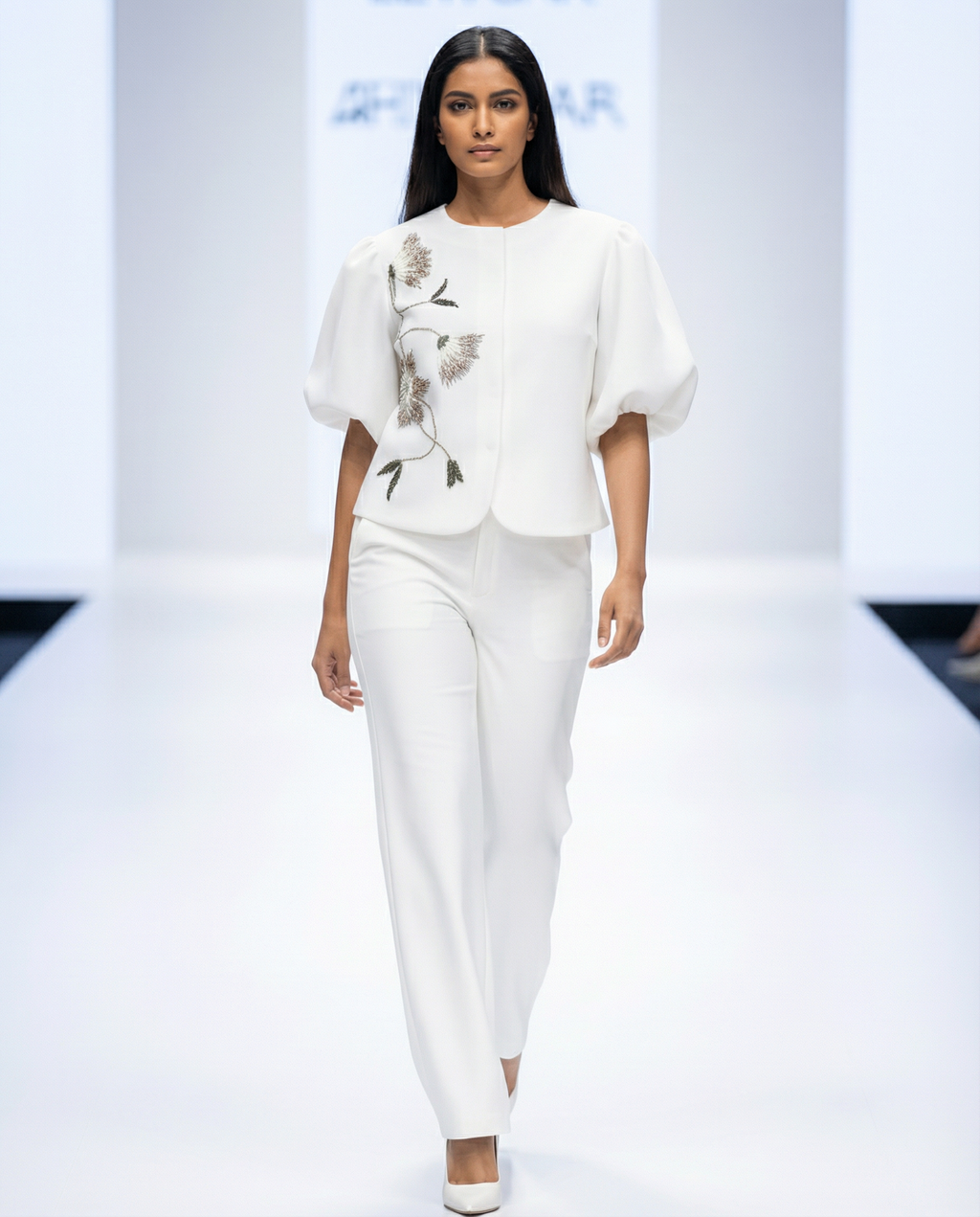Signature Sculpt Top in white — hand embroidery along the front — House of NSJ