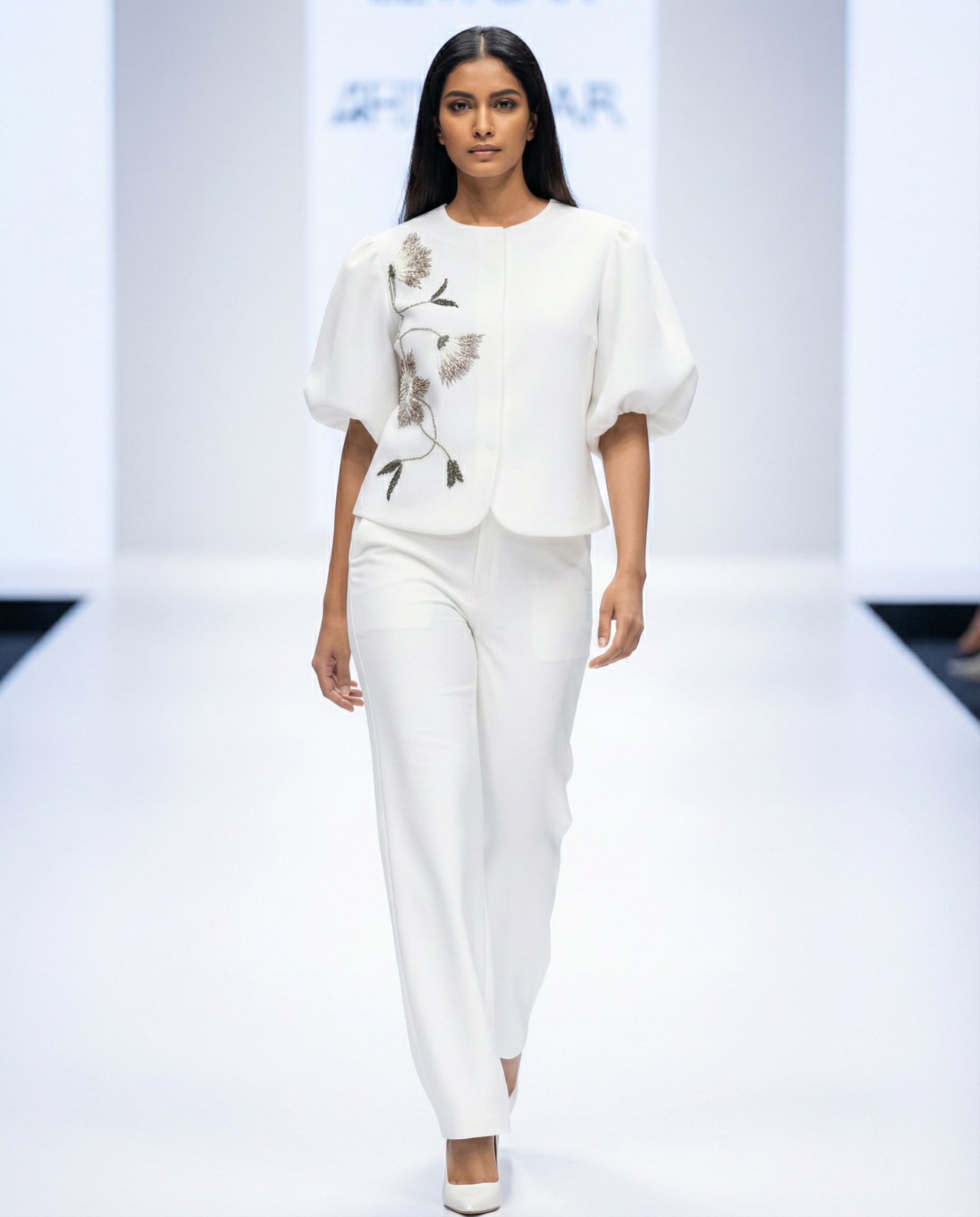 Signature Sculpt Top in white — hand embroidery along the front — House of NSJ