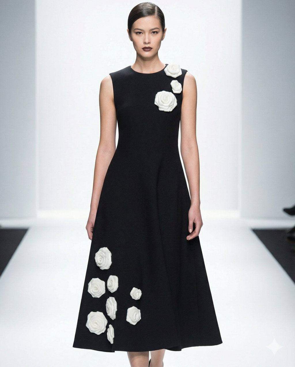 Dreamscape Dress in black with blue roses — artisanal occasion wear — House of NSJ