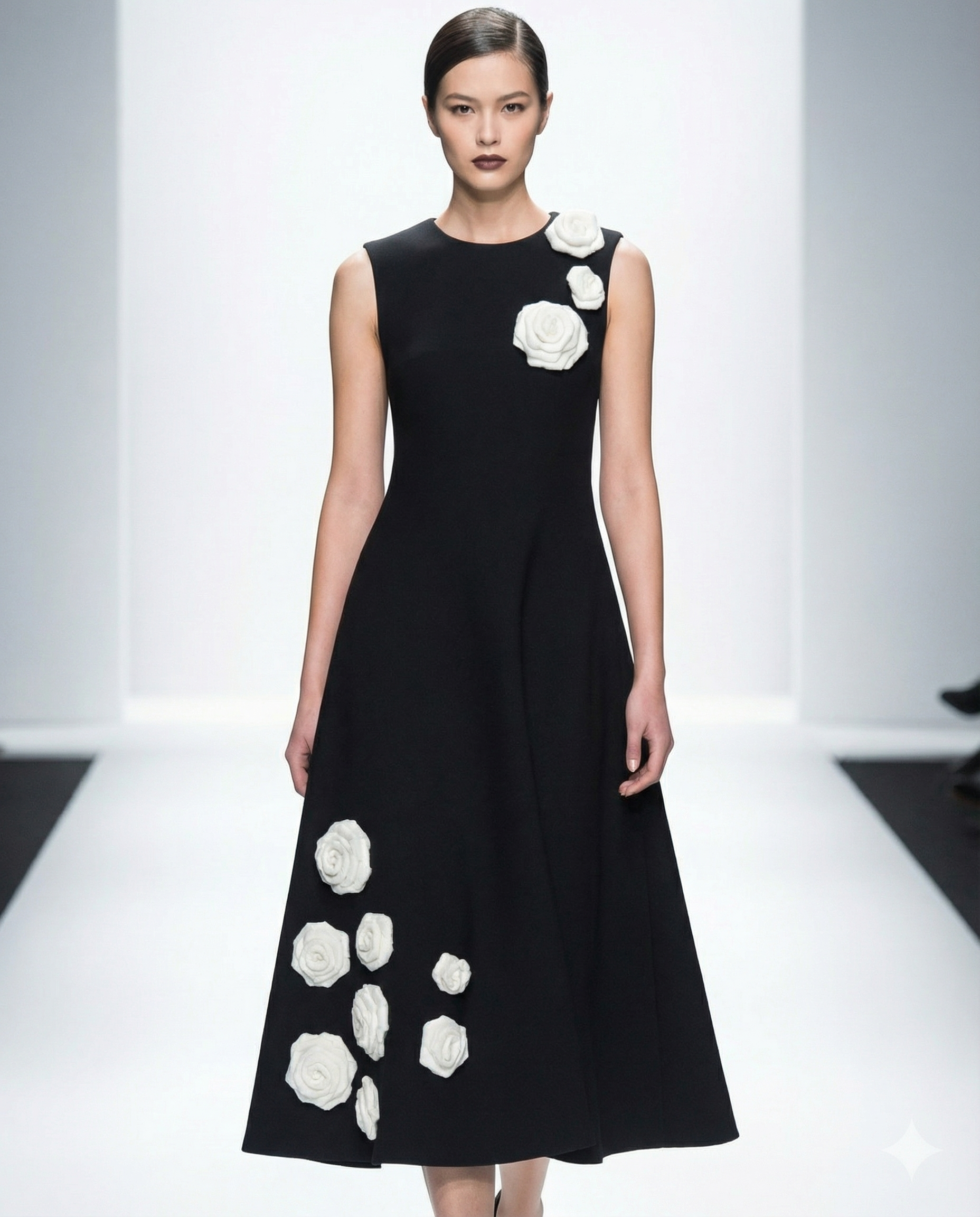 Dreamscape Dress in black with blue roses — artisanal occasion wear — House of NSJ