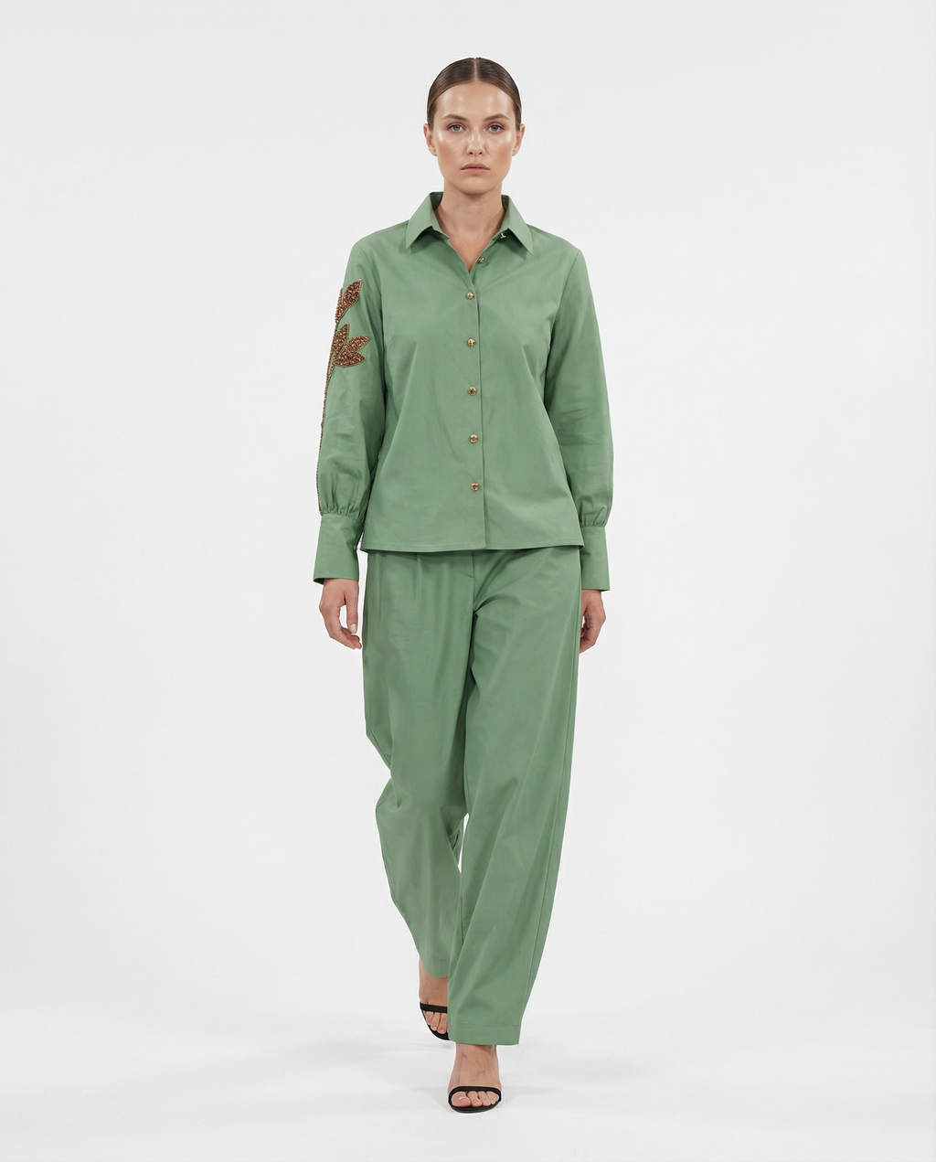Soft Petal Shirt — hand embroidery running along one sleeve — House of NSJ