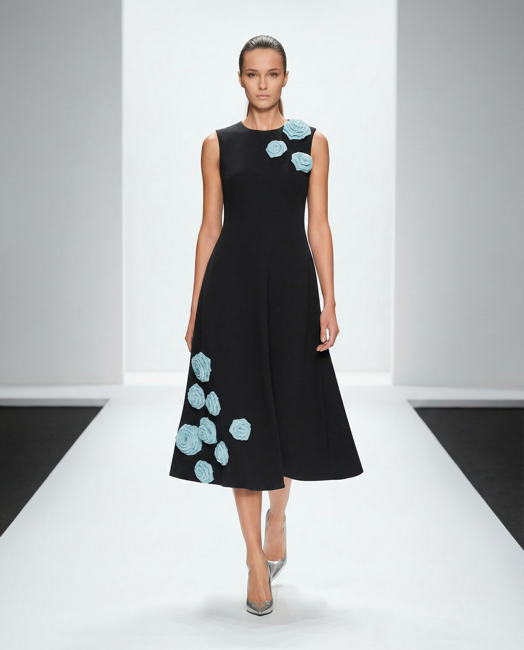 Dreamscape Dress in black with white roses — hand-embroidered midi — House of NSJ