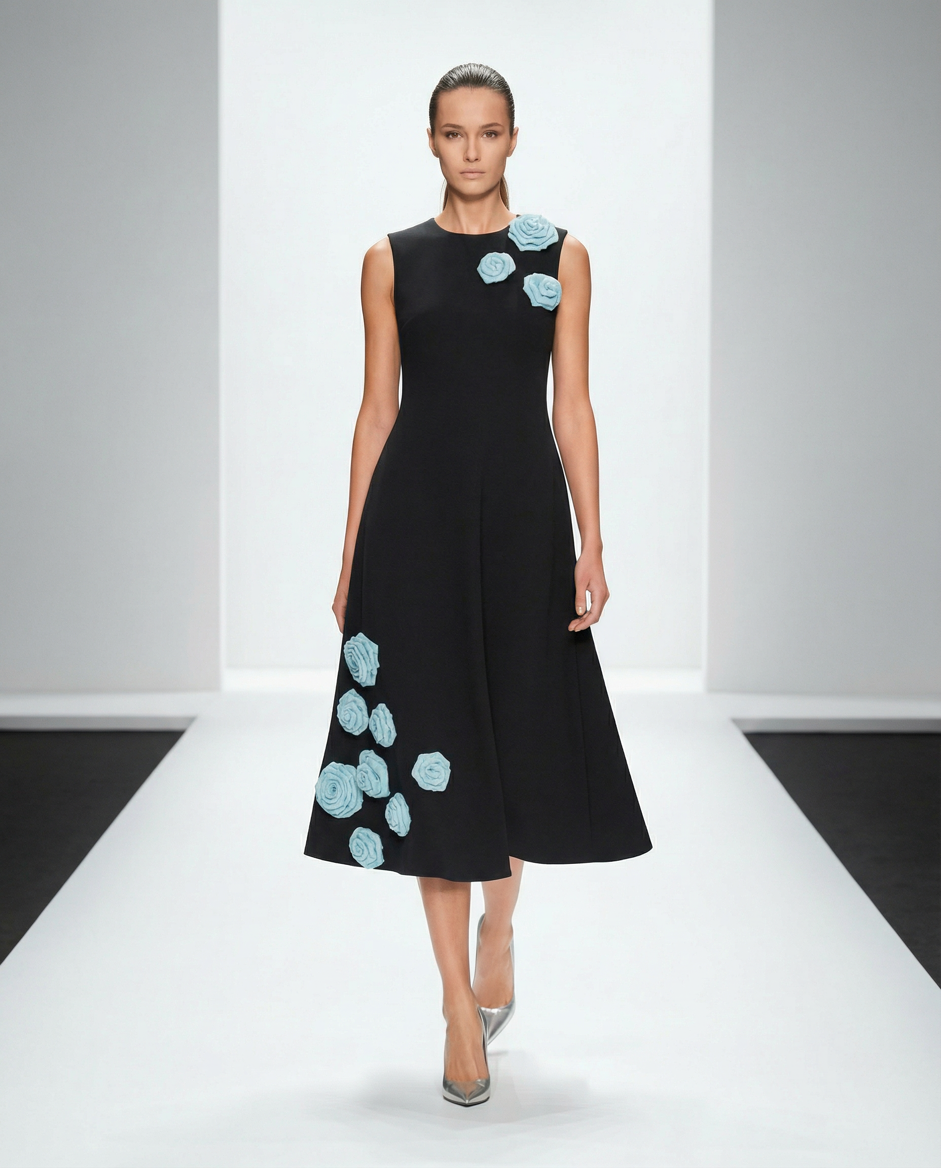 Dreamscape Dress in black with white roses — hand-embroidered midi — House of NSJ