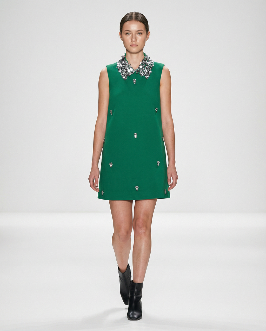 Siren Midi Dress in emerald green — hand-embroidered crystal collar — House of NSJ