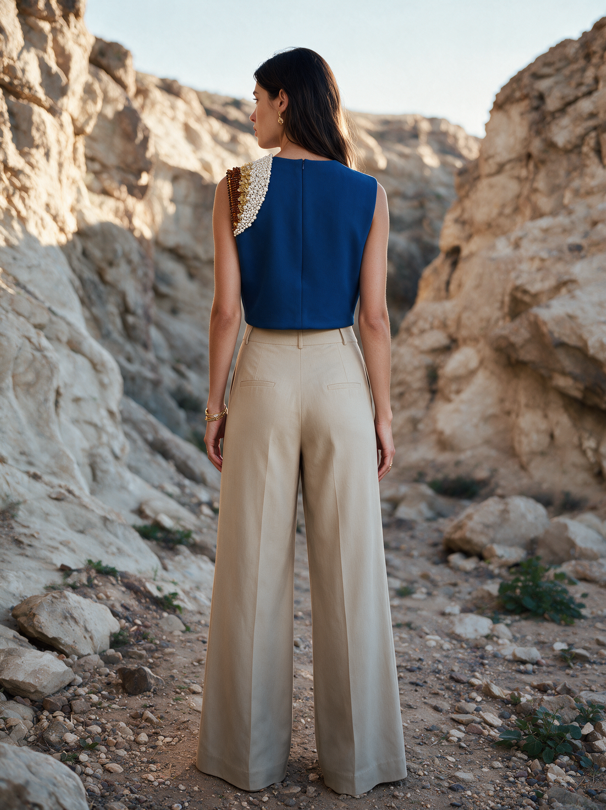 Aria Top Blue detail view — hand-embroidered neoprene top — House of NSJ