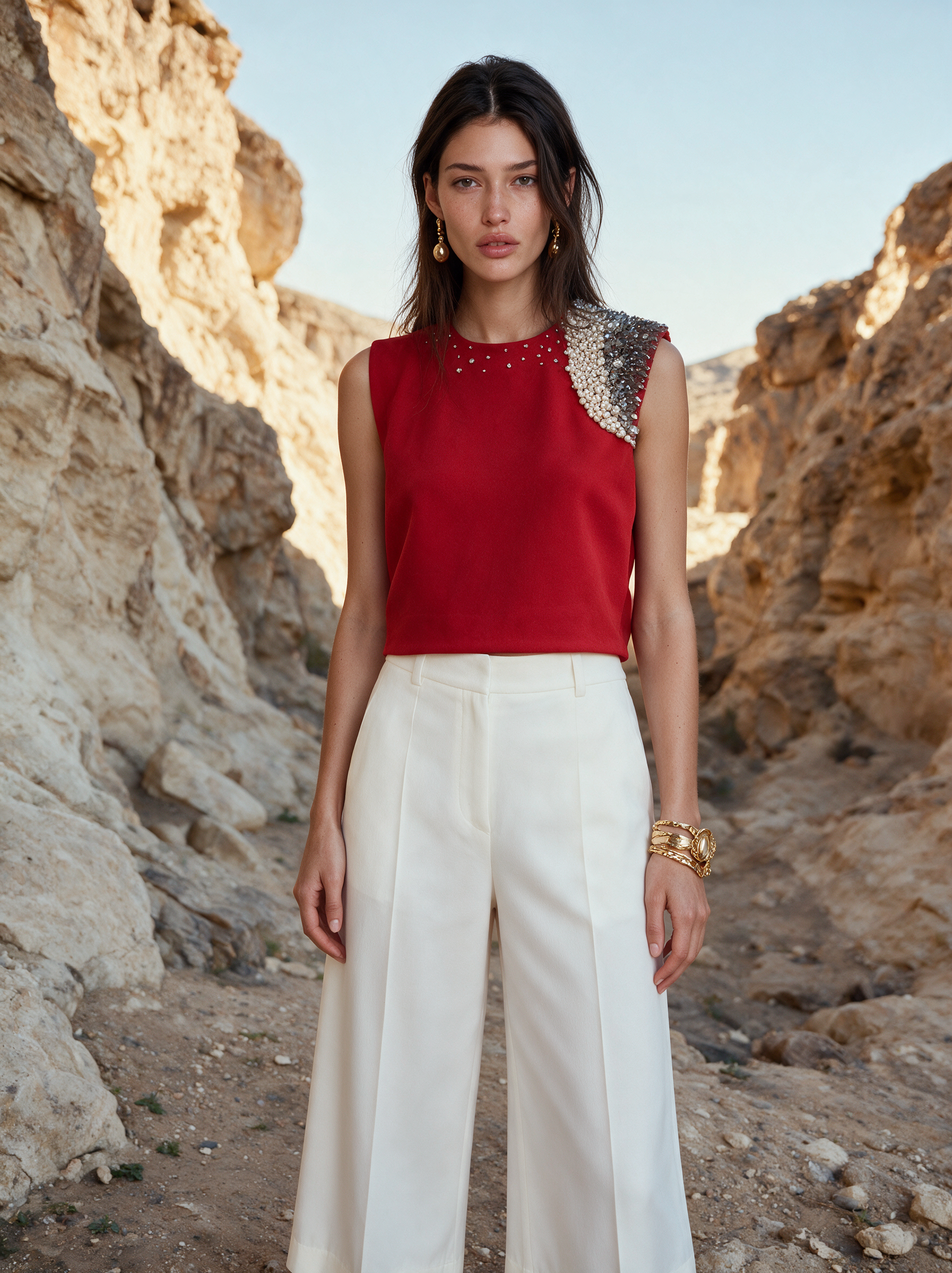 Aria Top Red front view — hand-embroidered neoprene top — House of NSJ