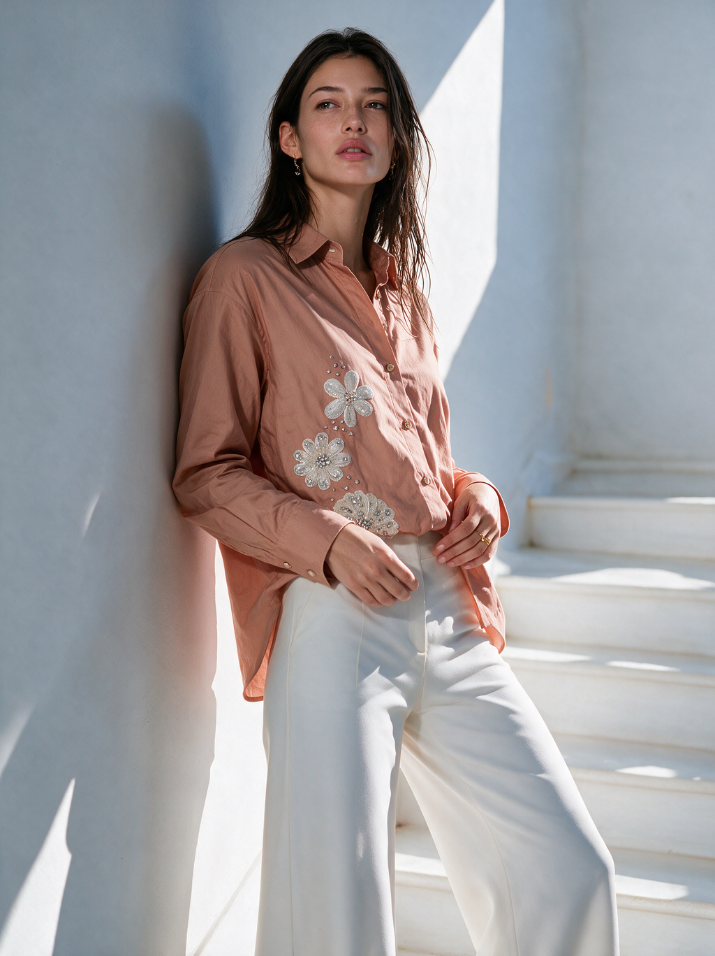 Blush Bloom Shirt Nude styling view — House of NSJ
