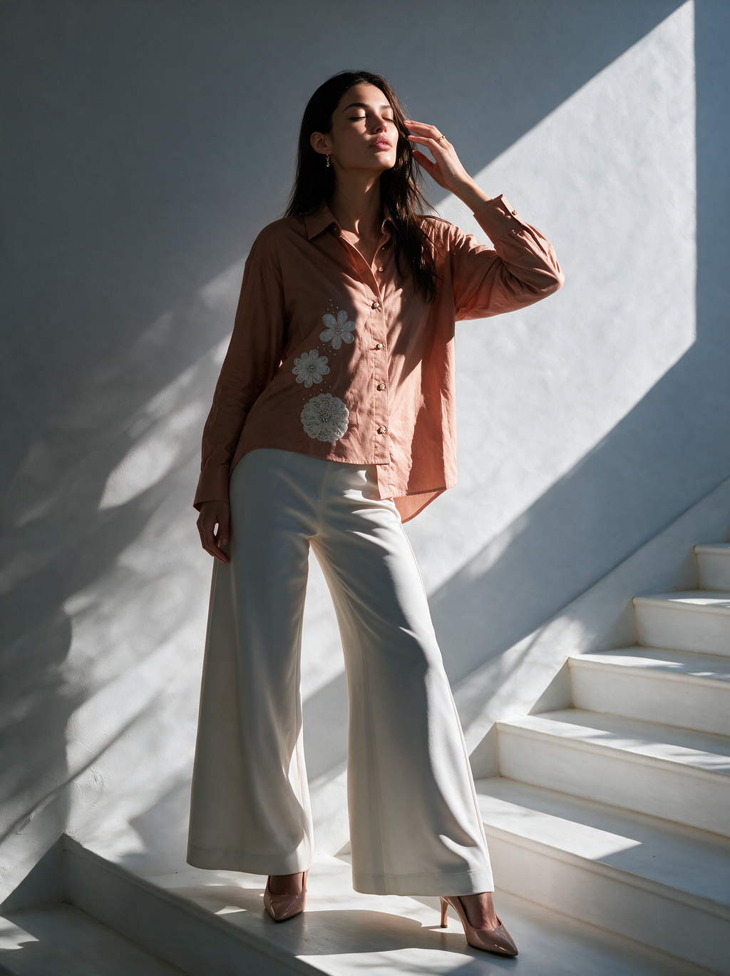 Blush Bloom Shirt Nude side view — House of NSJ