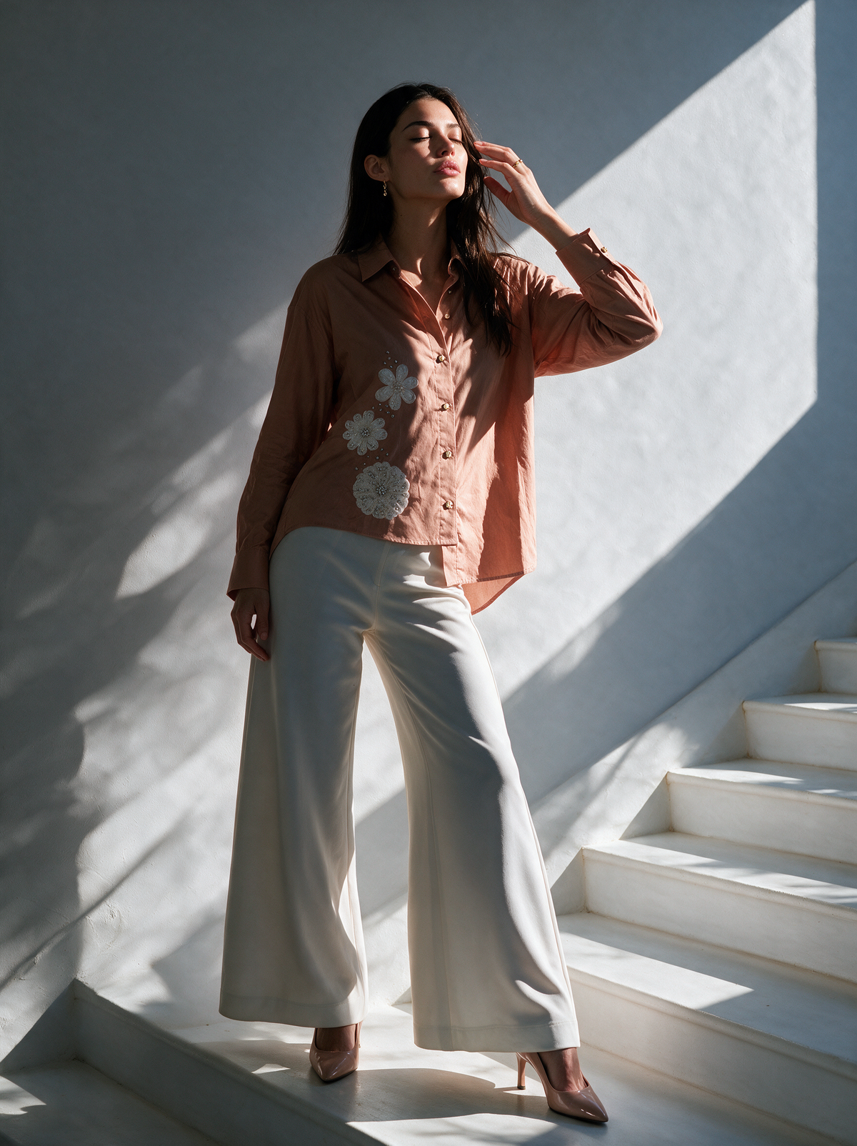 Blush Bloom Shirt Nude side view — House of NSJ