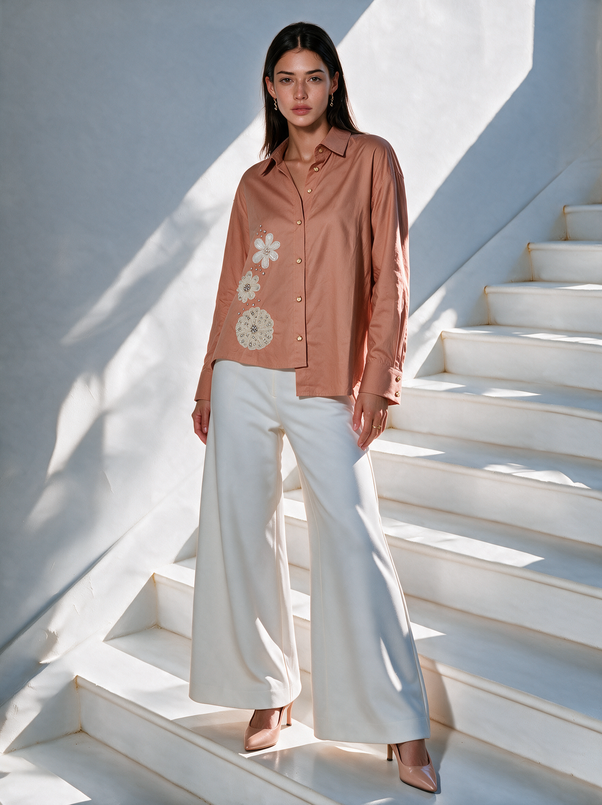 Blush Bloom Shirt Nude front view — hand-embroidered cotton shirt — House of NSJ