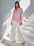 Blush Bloom Shirt Pink front view — hand-embroidered cotton shirt — House of NSJ