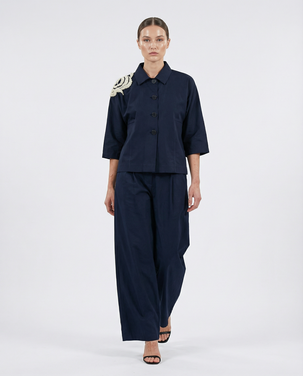 Pearl Touch Shirt in black — ivory bead hand embroidery on one shoulder — House of NSJ