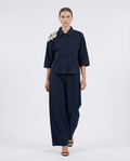 Pearl Touch Shirt in black — ivory bead hand embroidery on one shoulder — House of NSJ