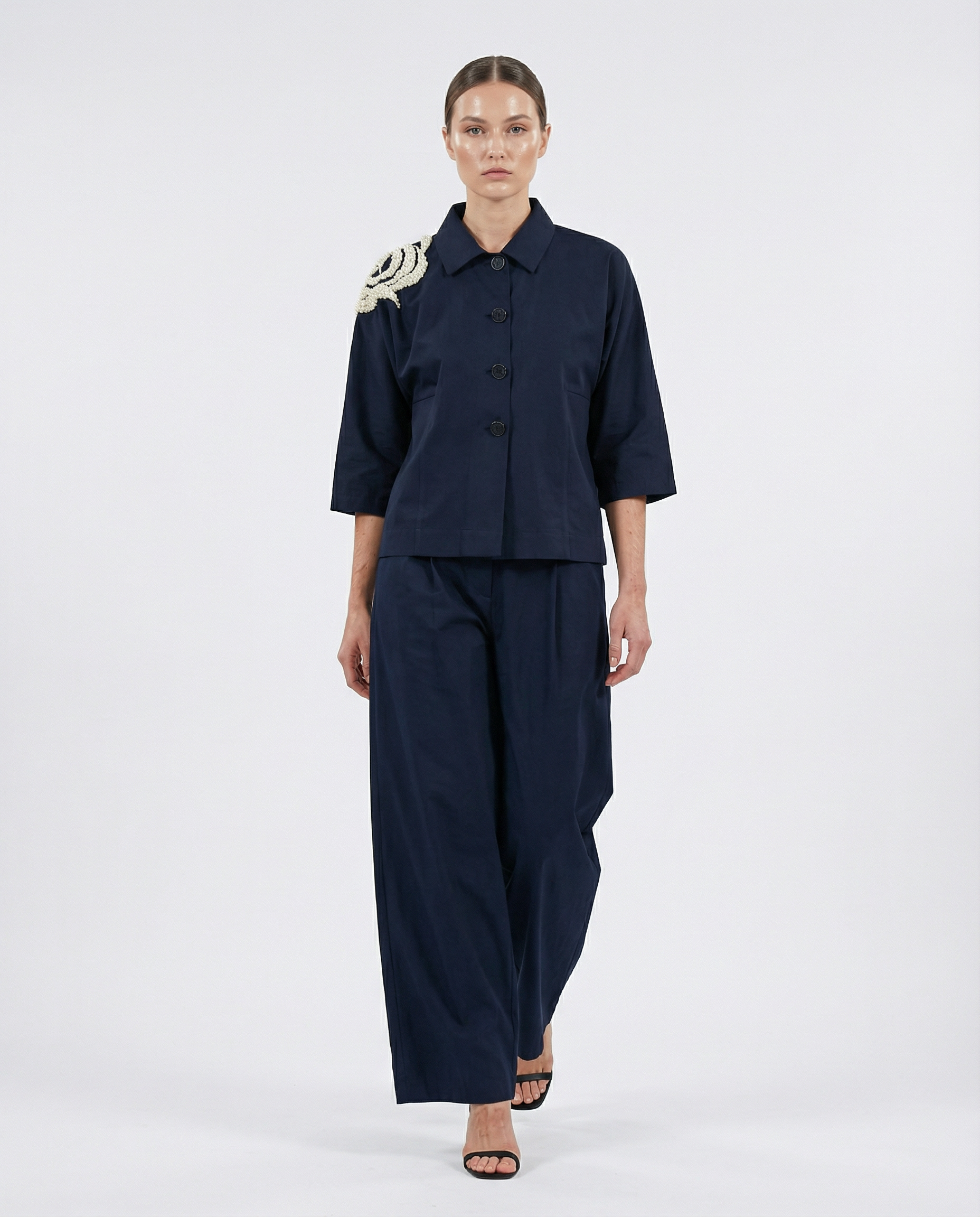Pearl Touch Shirt in black — ivory bead hand embroidery on one shoulder — House of NSJ