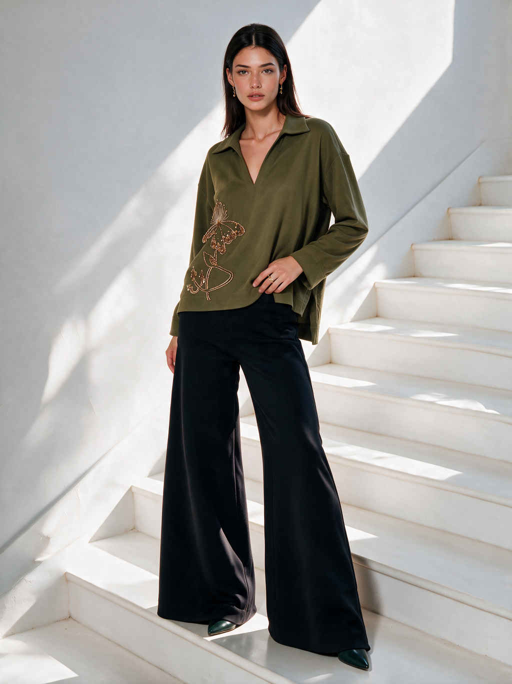 City Muse Top front view — green embroidered crepe top — House of NSJ