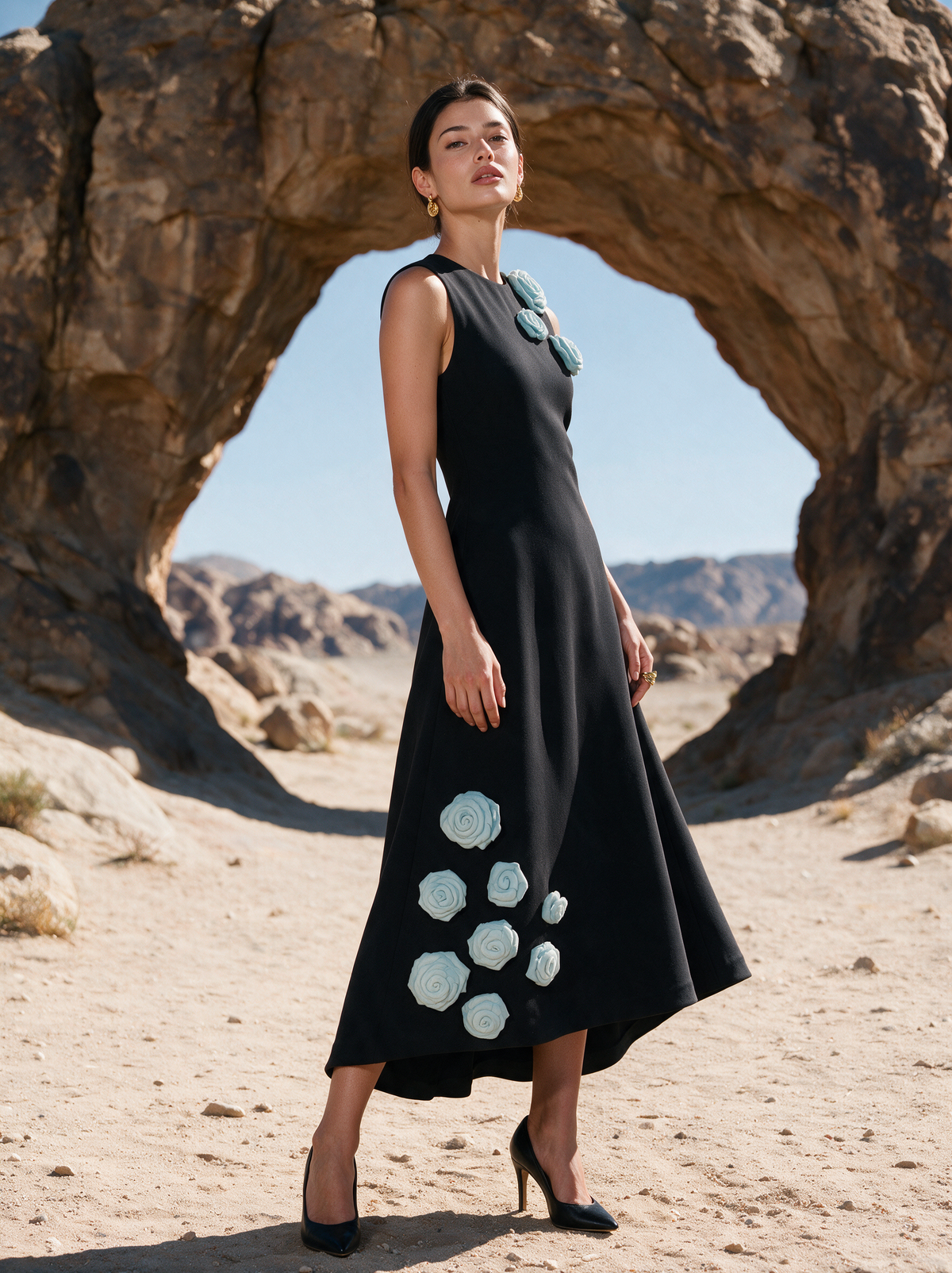 Dreamscape Dress blue floral styled view — House of NSJ