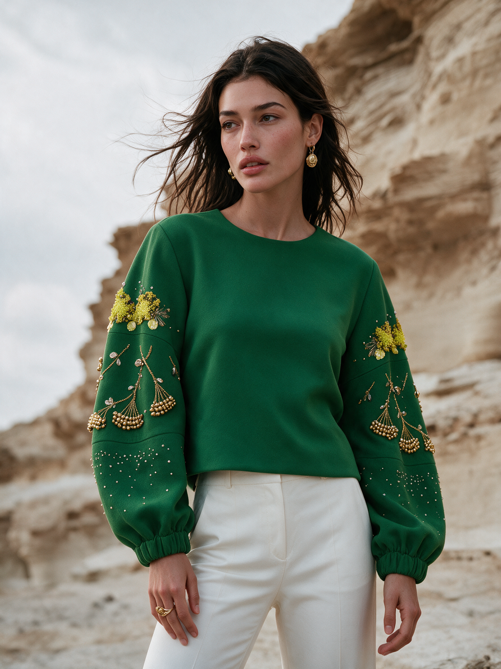 Dainty Bloom Top green detail view — House of NSJ