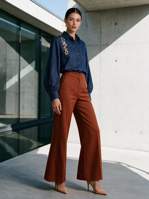 Aura Shirt Blue — Cotton Denim Hand-Embroidered Shirt — House of NSJ