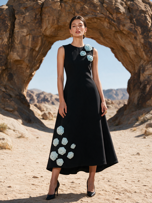 Dreamscape Dress blue floral front view — House of NSJ