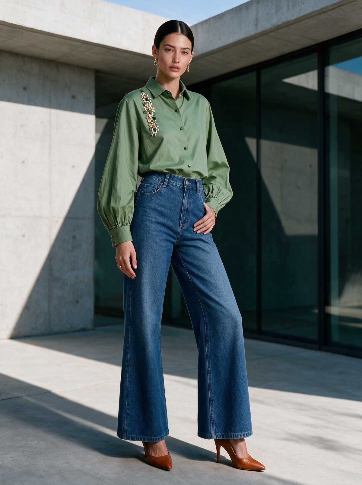 Aura Shirt Green — Cotton Hand-Embroidered Shirt — House of NSJ