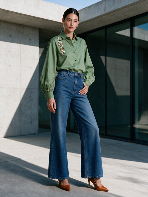 Aura Shirt Green — Cotton Hand-Embroidered Shirt — House of NSJ