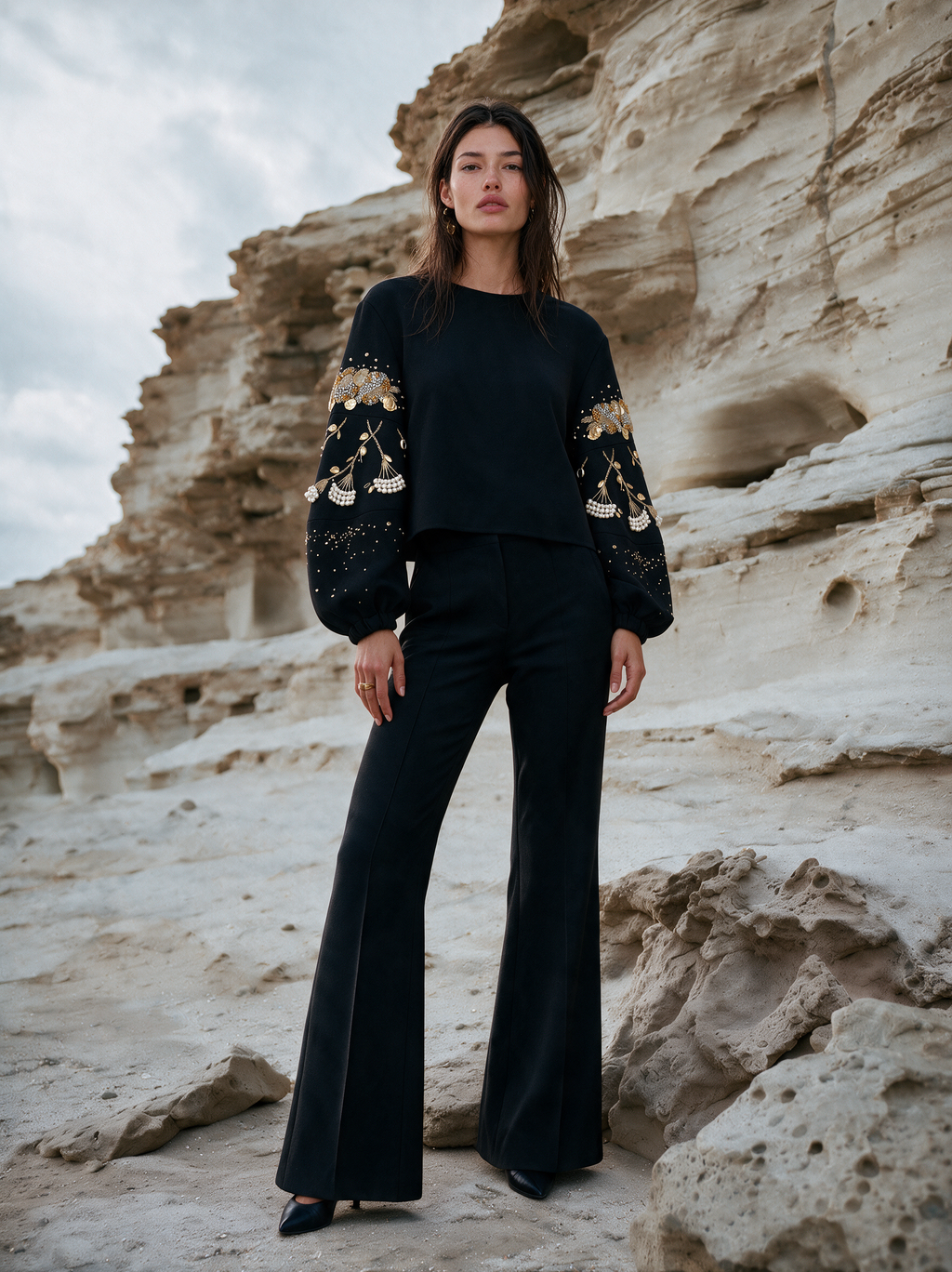 Dainty Bloom Top black front view — House of NSJ
