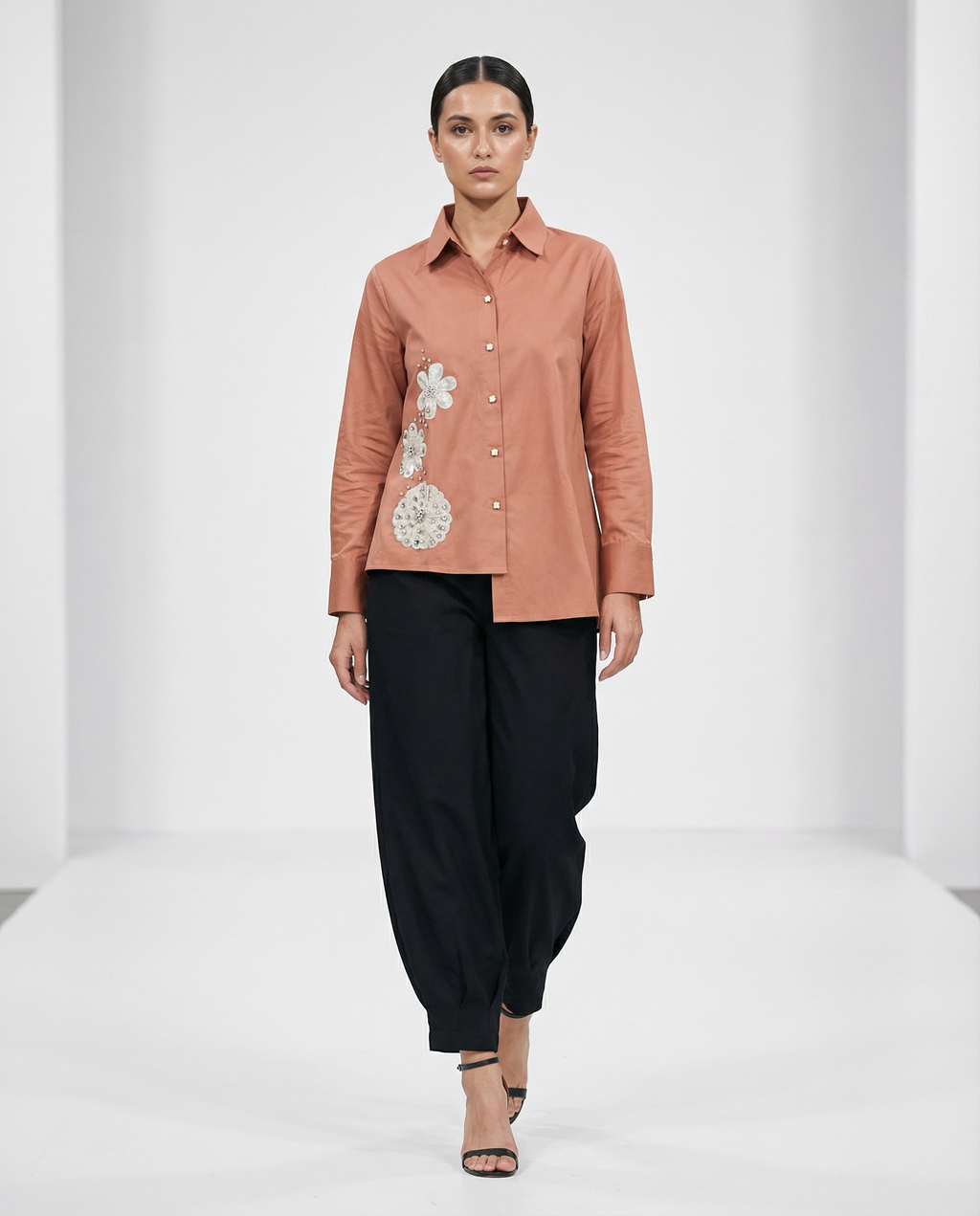 Blush Bloom Shirt — hand embroidery on one side — House of NSJ