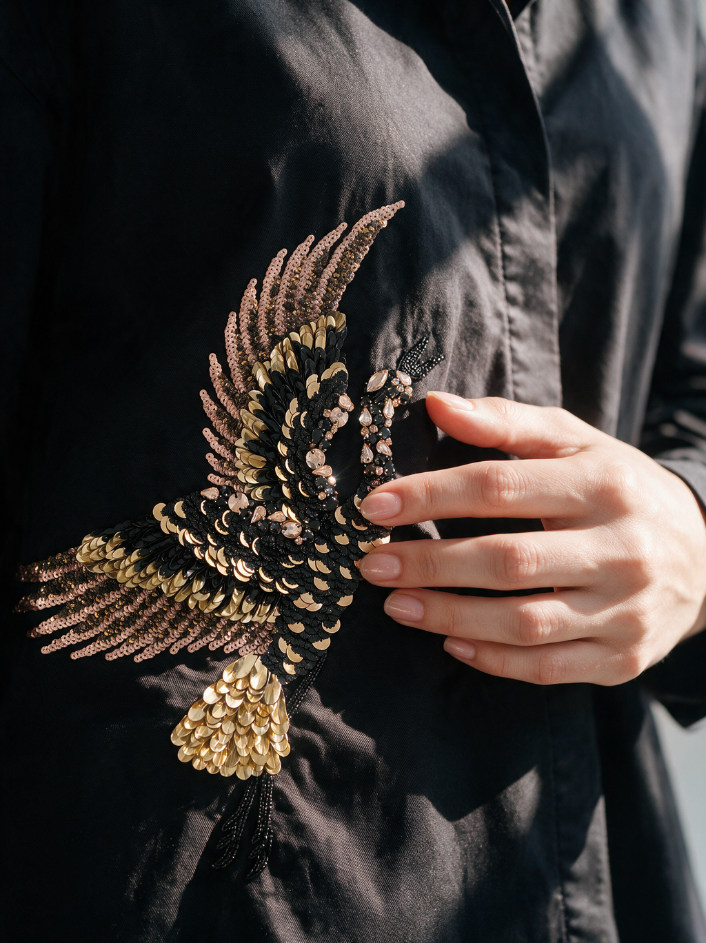 Fly High Shirt black embroidery close-up — House of NSJ