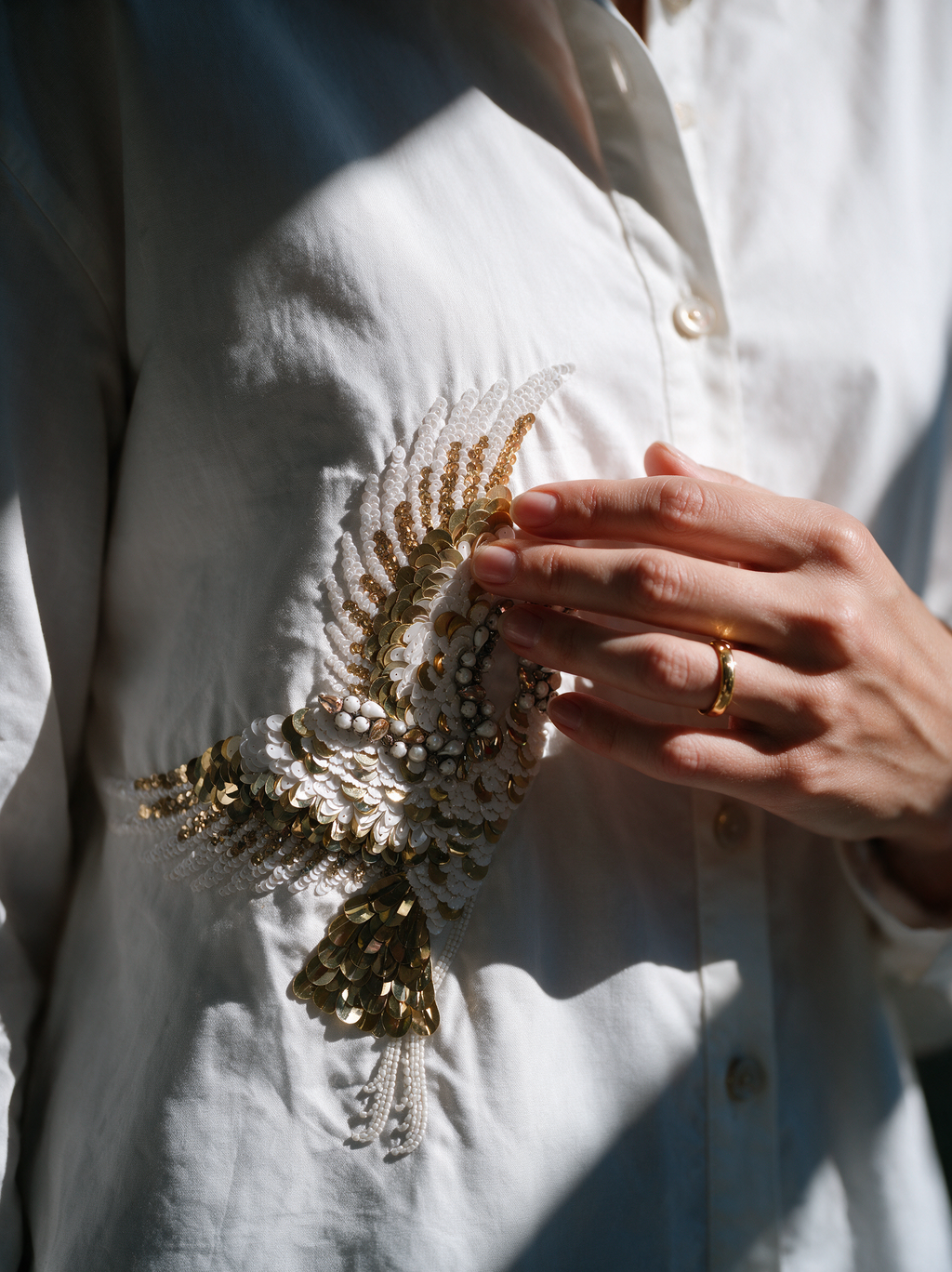 Fly High Shirt white embroidery close-up — House of NSJ